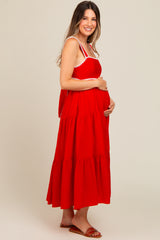 Red Scallop Trim Tiered Maternity Midi Dress