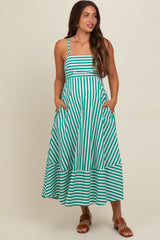 Green Contrast Stripe Maternity Midi Dress