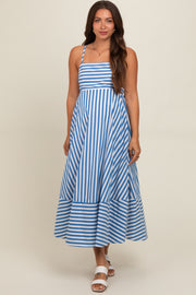 Blue Contrast Stripe Maternity Midi Dress