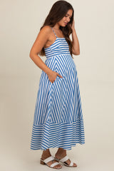 Blue Contrast Stripe Maternity Midi Dress