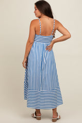 Blue Contrast Stripe Maternity Midi Dress