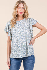 Blue Floral Ruffle Sleeve Blouse