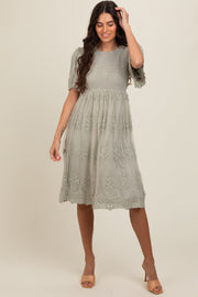 Sage Smocked Embroidered Mesh Dress