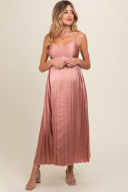 Pink Satin Pleated Maternity Midi Dress