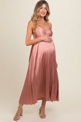 Pink Satin Pleated Maternity Midi Dress