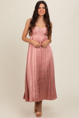 Pink Satin Pleated Maternity Midi Dress