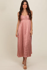 Pink Satin Pleated Midi Dress