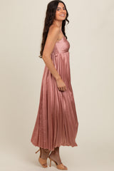 Pink Satin Pleated Midi Dress