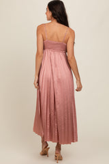 Pink Satin Pleated Midi Dress