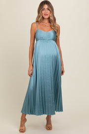 Blue Satin Pleated Maternity Midi Dress