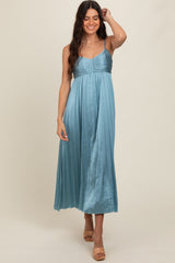 Blue Satin Pleated Midi Dress