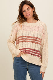 Beige Mixed Cable Knit Striped Sweater