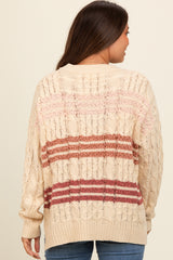 Beige Mixed Cable Knit Striped Maternity Sweater