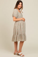 Light Olive Floral Smocked Maternity Dress