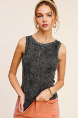 Black Mineral Washed Back Patch Detail Tank Top