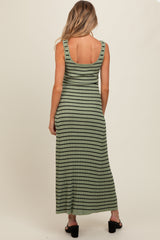 Light Olive Striped Sleeveless Maternity Maxi Dress