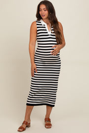 Black Striped Fitted Maternity Polo Midi Dress