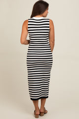 Black Striped Fitted Maternity Polo Midi Dress