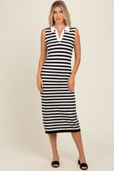 Black Striped Fitted Maternity Polo Midi Dress