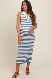 Blue Striped Fitted Maternity Polo Midi Dress