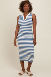 Blue Striped Fitted Polo Midi Dress