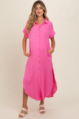 Fuchsia Button Down Maternity Midi Dress