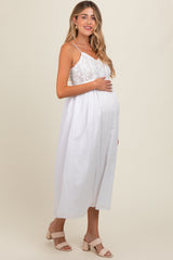 White Floral Crochet Contrast Maternity Midi Dress