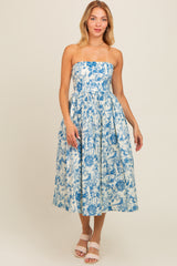 Blue Floral Strapless Midi Dress