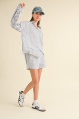 White Striped Button Down Top And Shorts Set