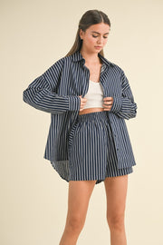 Navy Striped Button Down Top And Shorts Set