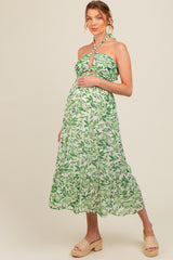 Green Leaf Print Halter Keyhole Maternity Midi Dress