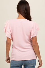 Light Pink Ruffle Sleeve Ribbed Maternity Top