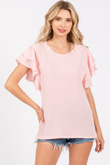 Light Pink Ruffle Sleeve Ribbed Maternity Top