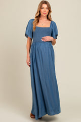 Blue Chambray Smocked Maternity Maxi Dress