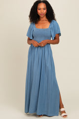 Light Blue Chambray Smocked Maternity Maxi Dress