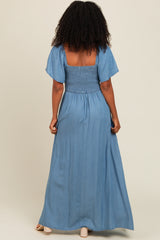 Light Blue Chambray Smocked Maxi Dress