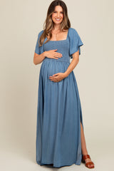 Light Blue Chambray Smocked Maternity Maxi Dress