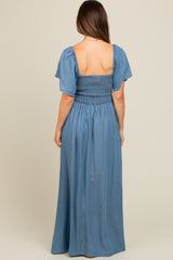 Light Blue Chambray Smocked Maternity Maxi Dress