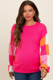 Fuchsia Checker Sleeve Maternity Sweater