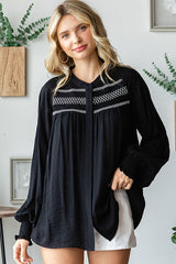 Black Embroidered Smocked Blouse