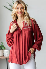 Rust Embroidered Smocked Blouse