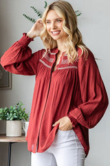 Rust Embroidered Smocked Blouse