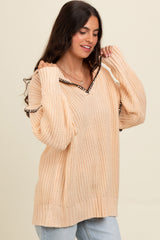 Beige Contrast Stitch Hooded Sweater