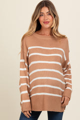 Taupe Striped Side Slit Maternity Sweater