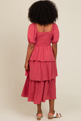 Magenta Smocked Body Ruffled Tiered Midi Dress