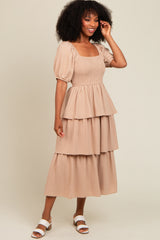 Mocha Smocked Body Ruffled Tiered Midi Dress