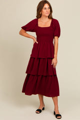 Burgundy Smocked Body Ruffled Tiered Midi Dress