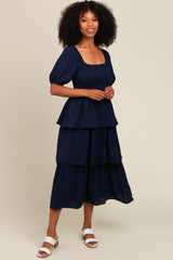 Navy Smocked Body Ruffled Tiered Midi Dress