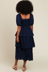 Navy Smocked Body Ruffled Tiered Midi Dress