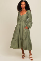 Olive Front Ruched Babydoll Midi Dress